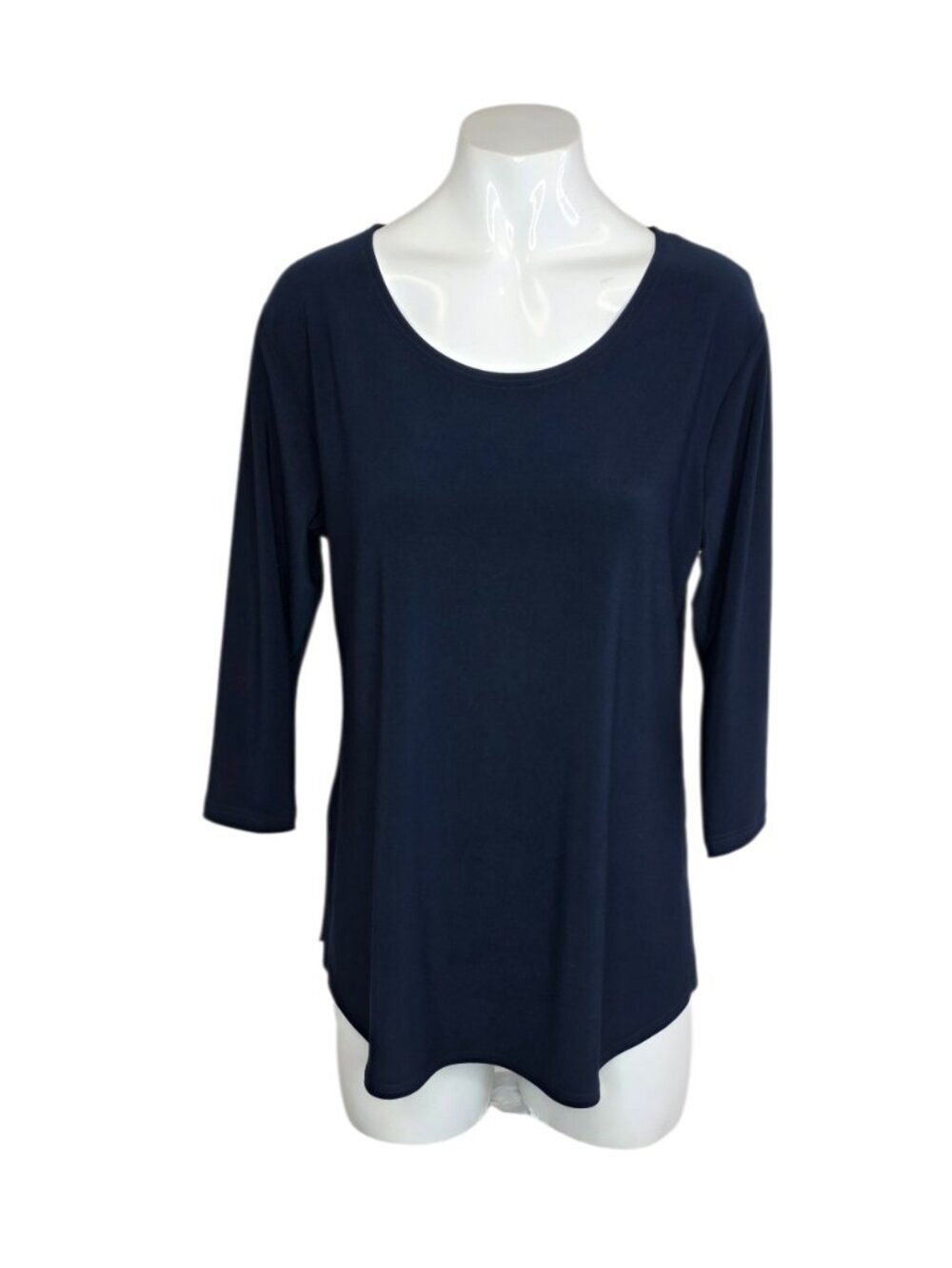 Sympli Slinky Knit 3/4 Sleeve Side Slit Shirt, Blue, Scoop Neck, Canada, Size 8
